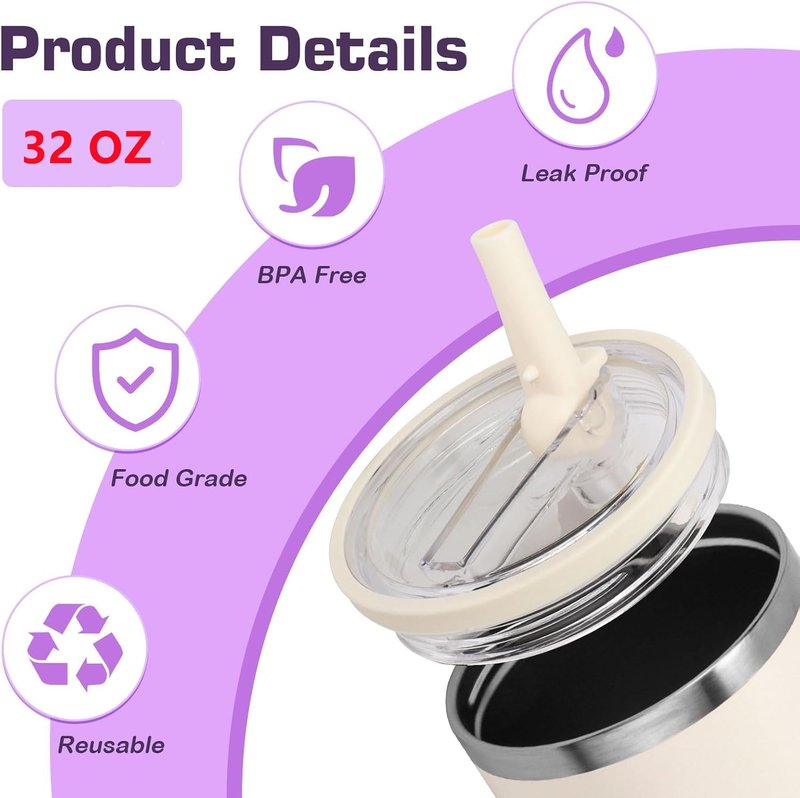 32 oz Tumbler Flip Straw Lid Replacement Fit for HydroJug Traveler ,2 Pack Leak Proof for HydroJug Lid Replacement Spill Proof Reusable Tumbler Cover Compatible with 32oz Cup Accessories (Cream)
