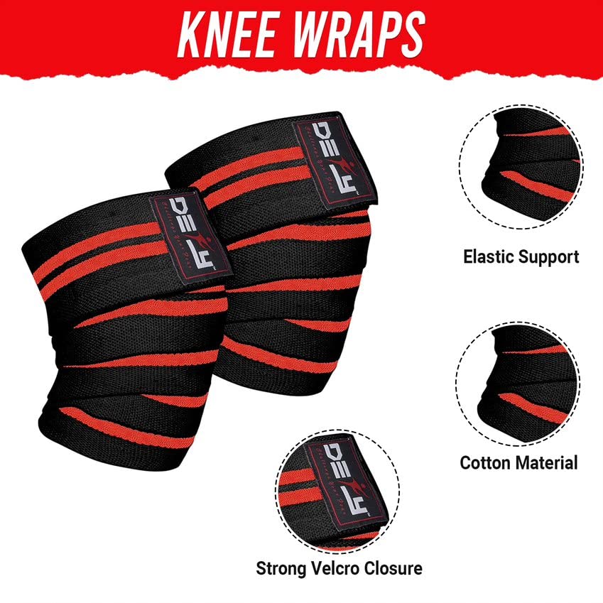 DEFY Sports' Knee Wraps for Weightlifting - Provides Knee Support for Powerlifting, Squats & Fitness Workouts - Ideal Knee Wrap for Men and Women  (1 PAIR) (Red)