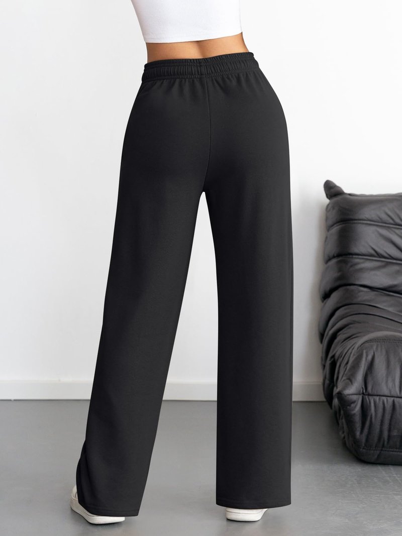 ATHMILE Women's Wide Leg Sweatpants High Waisted Baggy Interior Drawstring Joggers Straight Leg Sweat Pants with Pockets Black