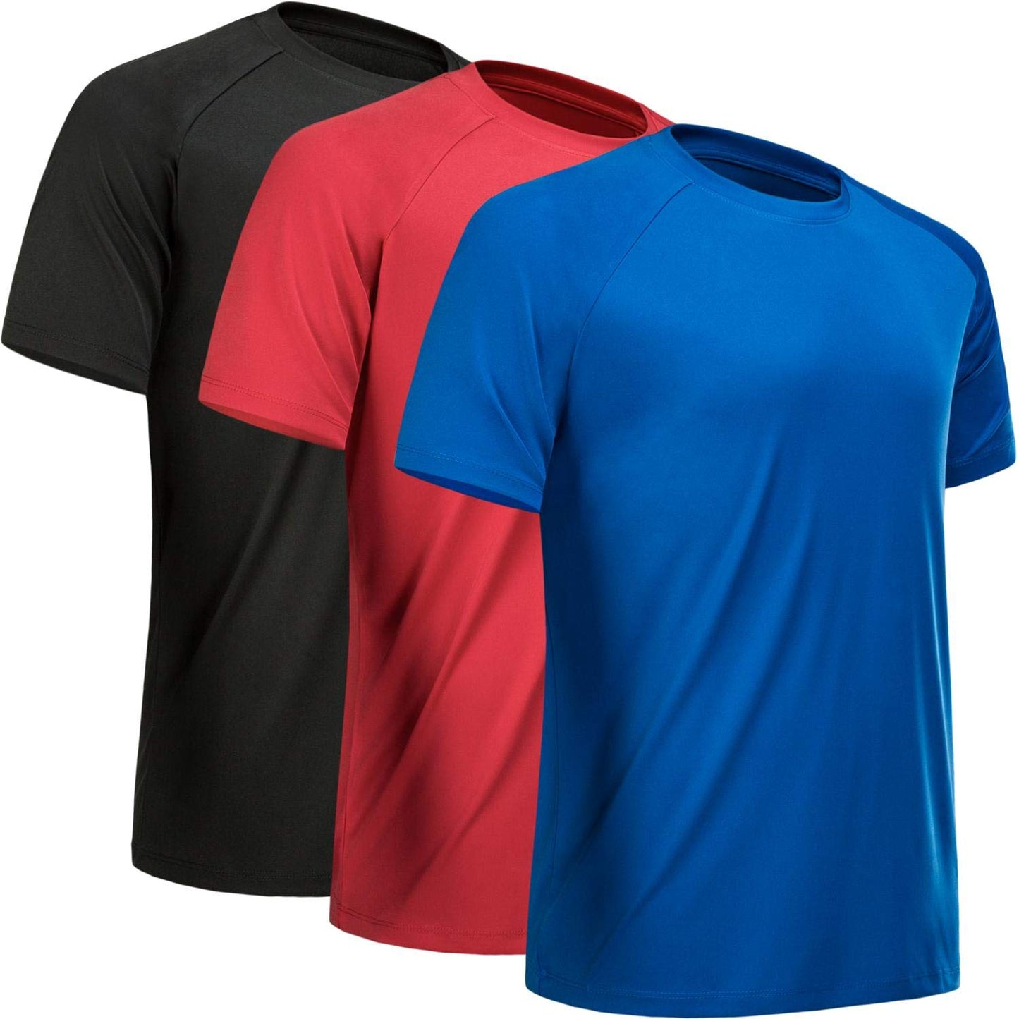 MCPORO Workout Shirts for Men Short Sleeve Quick Dry Athletic Gym Active T Shirt Moisture Wicking 3 Pack Black, Red, Blue XX-Large