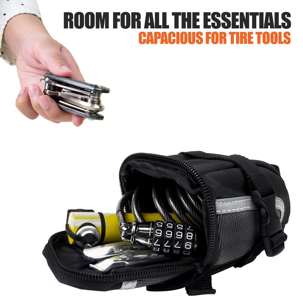 BV Strap-On Bike Bag with Reflective Material - Saddle Bag with Seperate Divider for Small Items for All Your Essentials - Bike Pouch with Taillight Hanger for Maximum Safety (Cycling Bag, Medium)