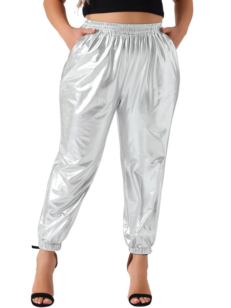 Agnes Orinda Plus Size Jogger Pants for Women Metallic Shiny High Waist Stretchy Wear Holographic Trousers Sweatpant 3X Silver