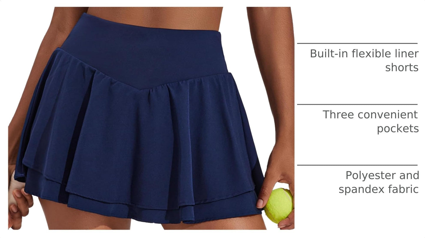 PINSPARK Pleated Tennis Skirt for Women with 3 Pockets High Waisted Athletic Golf Skorts Skirts for Running Casual, Navy Blue Medium