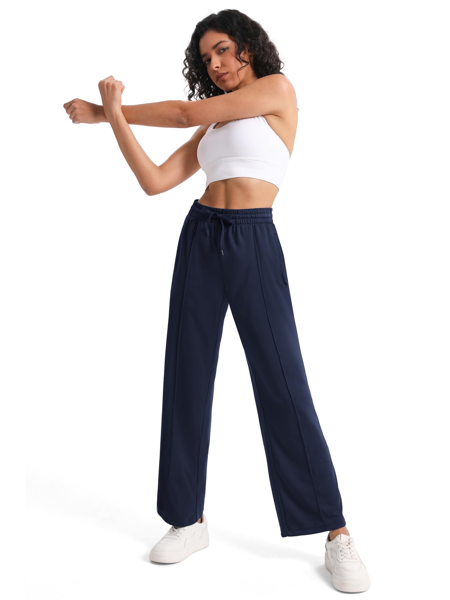 Tapata Extra Tall Woman 36" Inseam Stripes Sweat Pant High Waisted Drawstring Gym Exercise Lounge Joggers, Navy Blue, XL