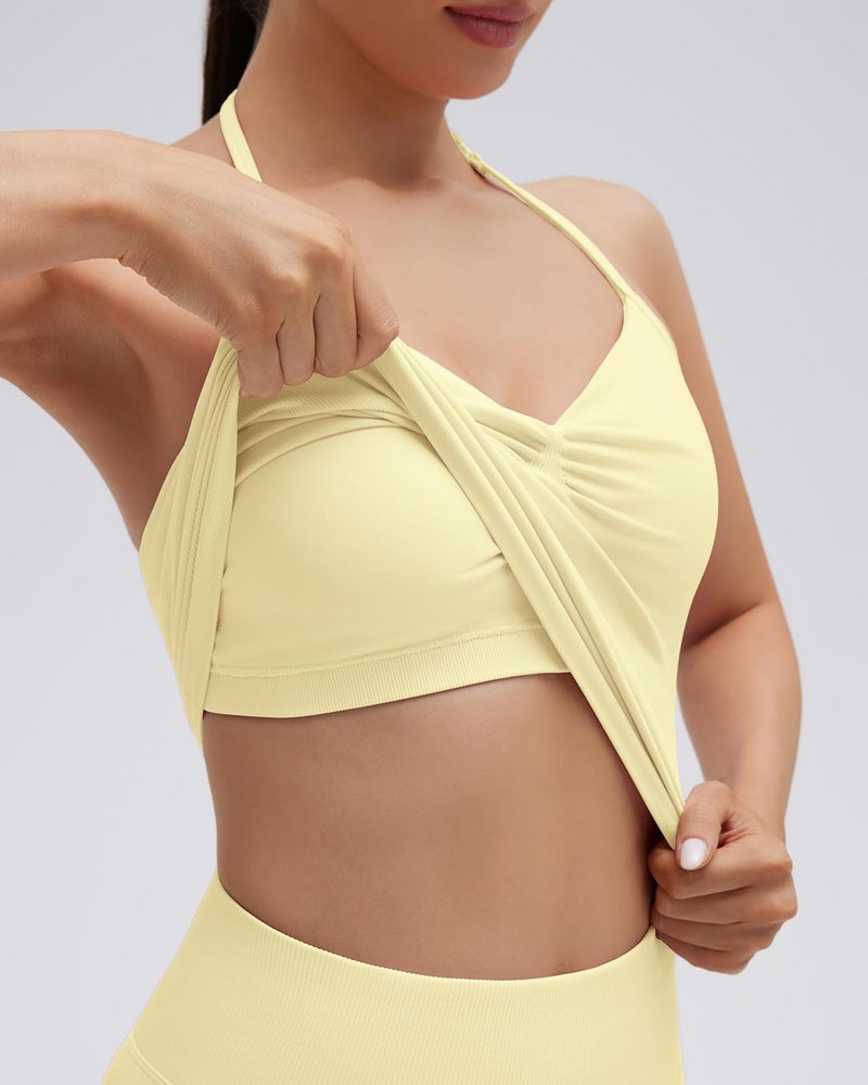 SUUKSESS Impact Longline Strappy Top Halter Workout Top for Women Padded Backless Sport Gym Tank with Adjustable Strap (Pale Yellow, XS)