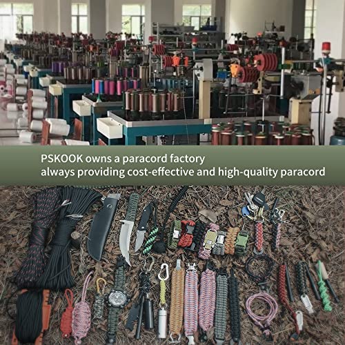 Survival Paracord Rope PSKOOK 100 Feet Fire Starter Parachute Cord 7-Strand Nylon with Red Tinder Cord PE Fishing Line Cotton Thread for Outdoor Lanyards, Bracelets, Handle Wraps (Black)