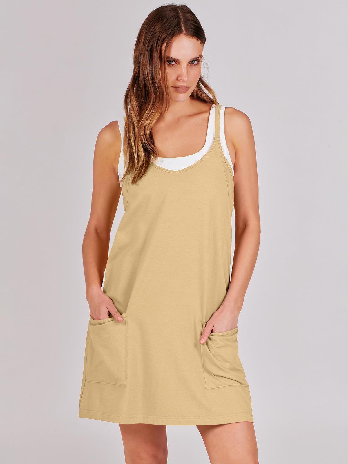 ANRABESS Women Athletic Dress Summer Tennis Workout Active Sports Mini Romper Dress Built in Shorts Travel Vacation Clothes Light Yellow Small