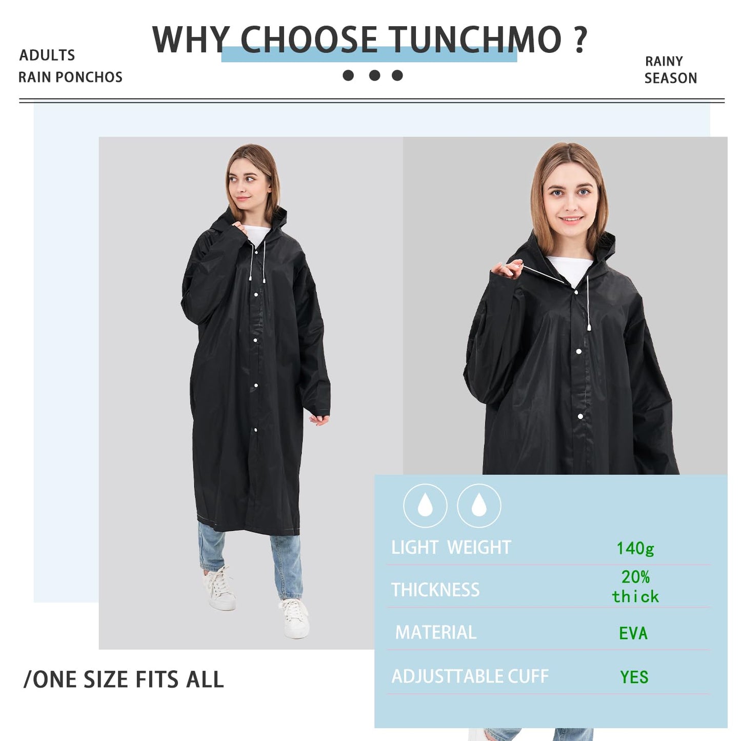 TUNCHMO Rain Coats for Adults Reusable 2 Pack EVA 20% Thicker Rain Ponchos with Hood for Men Women