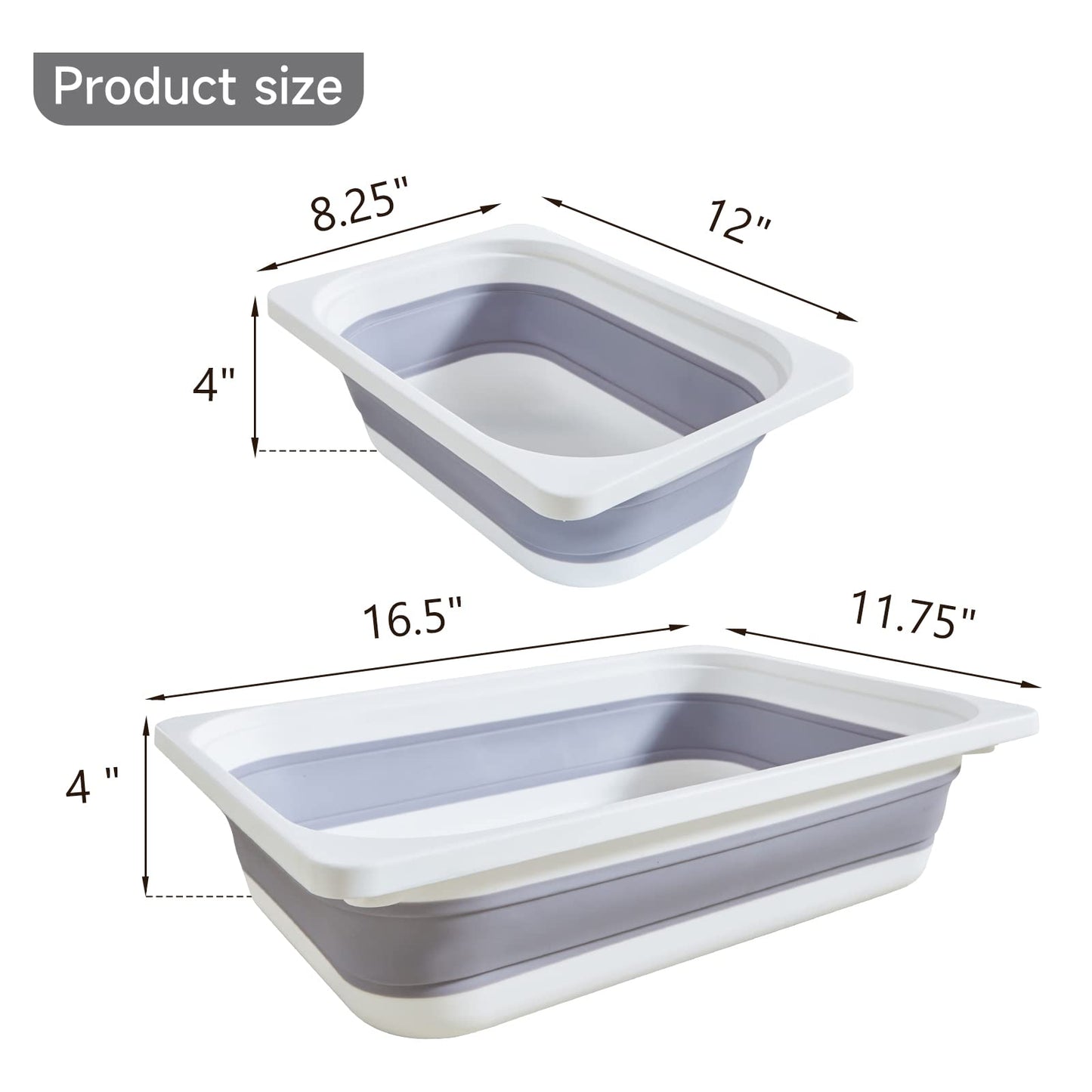 Beright 2 Pack Storage Bins, Collapsible Wash Basin Folding Dish Tub Sink, Space Saving for Dishing, Fruit, and Camping, Hiking and Home, Grey, 2 in 1 Set