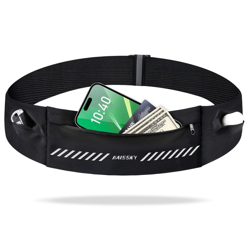 Kebrela Slim Running Belt Fanny Pack for Men Women, Running Phone Holder, Waist Pack Runners Bag Money Belt with 3 Separate Pouch to Store Your Phone Key Money Safe, Waist Bag-Black