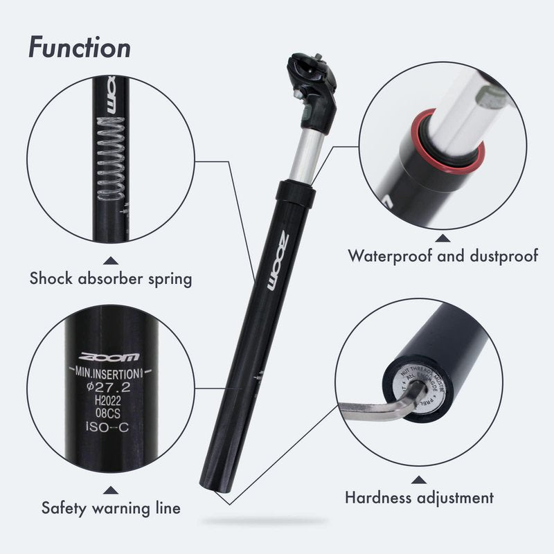 DJC Bike Suspension Seatpost Shock Absorber Damper Post 27.2 30.9 31.6 mm, Lightweight Aluminum Body(Black Head,27.2mm)