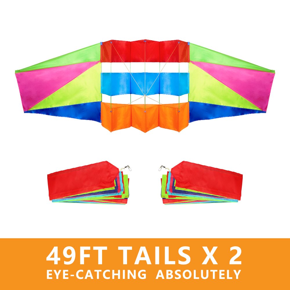 Beach Kites for Adults Large with Long Tail, 98 inches Super Easy Flyer 3D Rainbow Box Kites, Come with 49 Feet Multi Colors Tails x 2, 300 ft Kite String & Handle