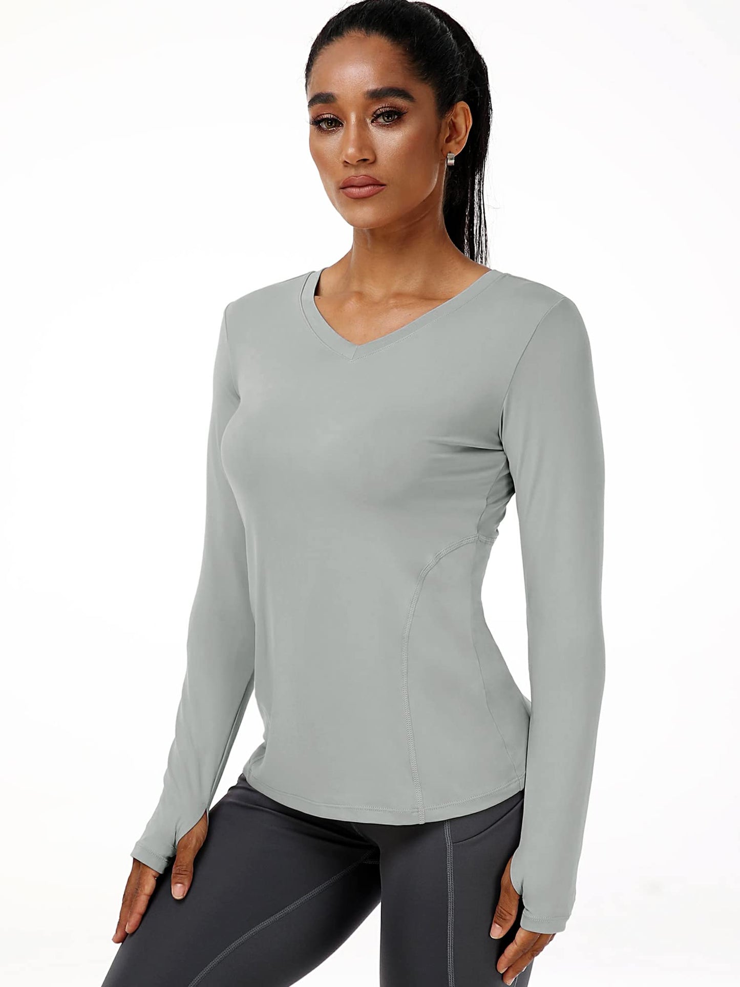CADMUS Women's V-Neck Workout Shirts Long Sleeve Yoga Top Athletic Running T Shirt,Black, Grey, Navy Blue,Medium