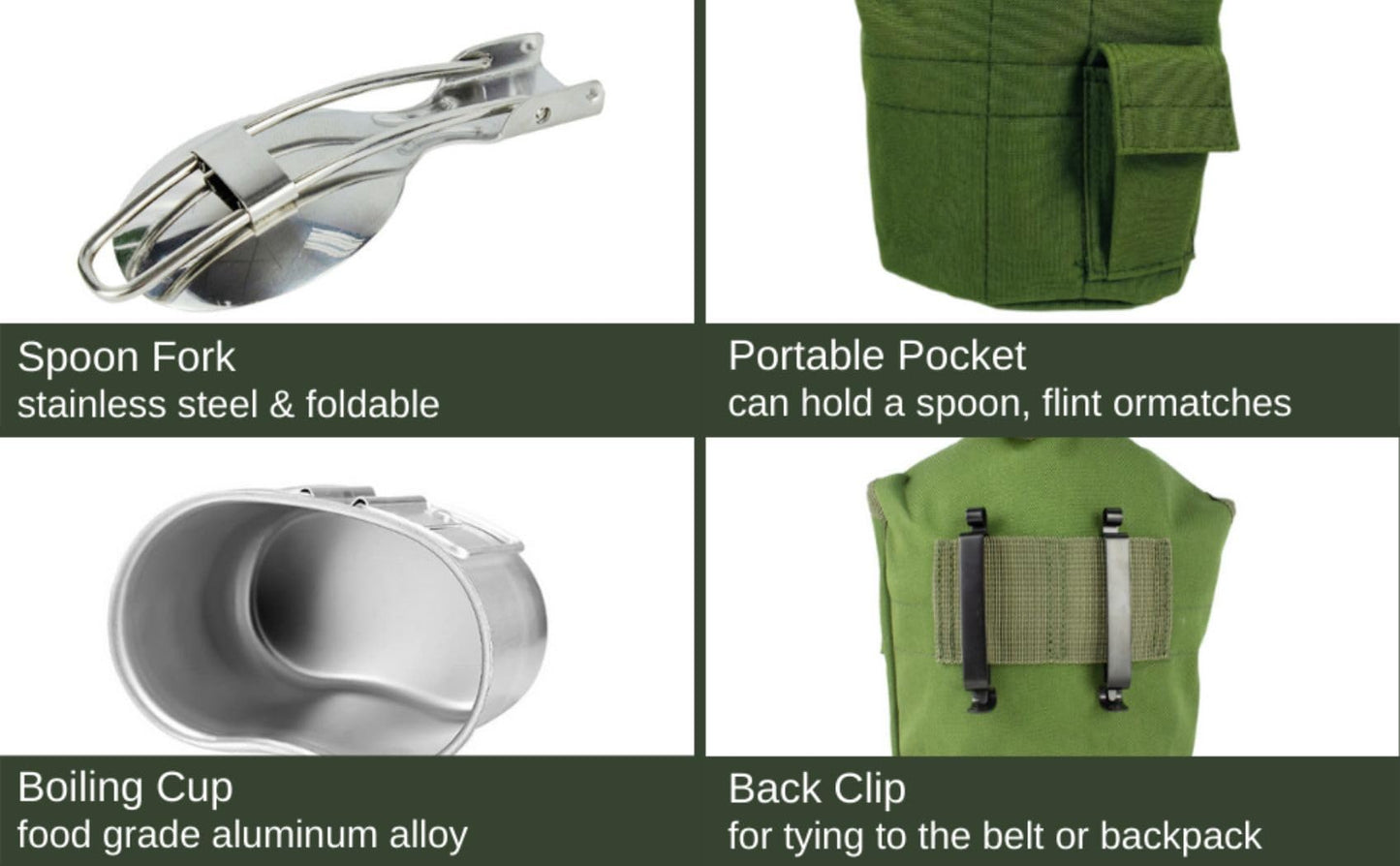 BeGrit Military Canteen Army Canteen WWII US G.I. Style Canteen Kit with Aluminum Cup Stainless Steel Foldable Spoon Fork for Hiking Backpacking Camping, 1 Quart Green