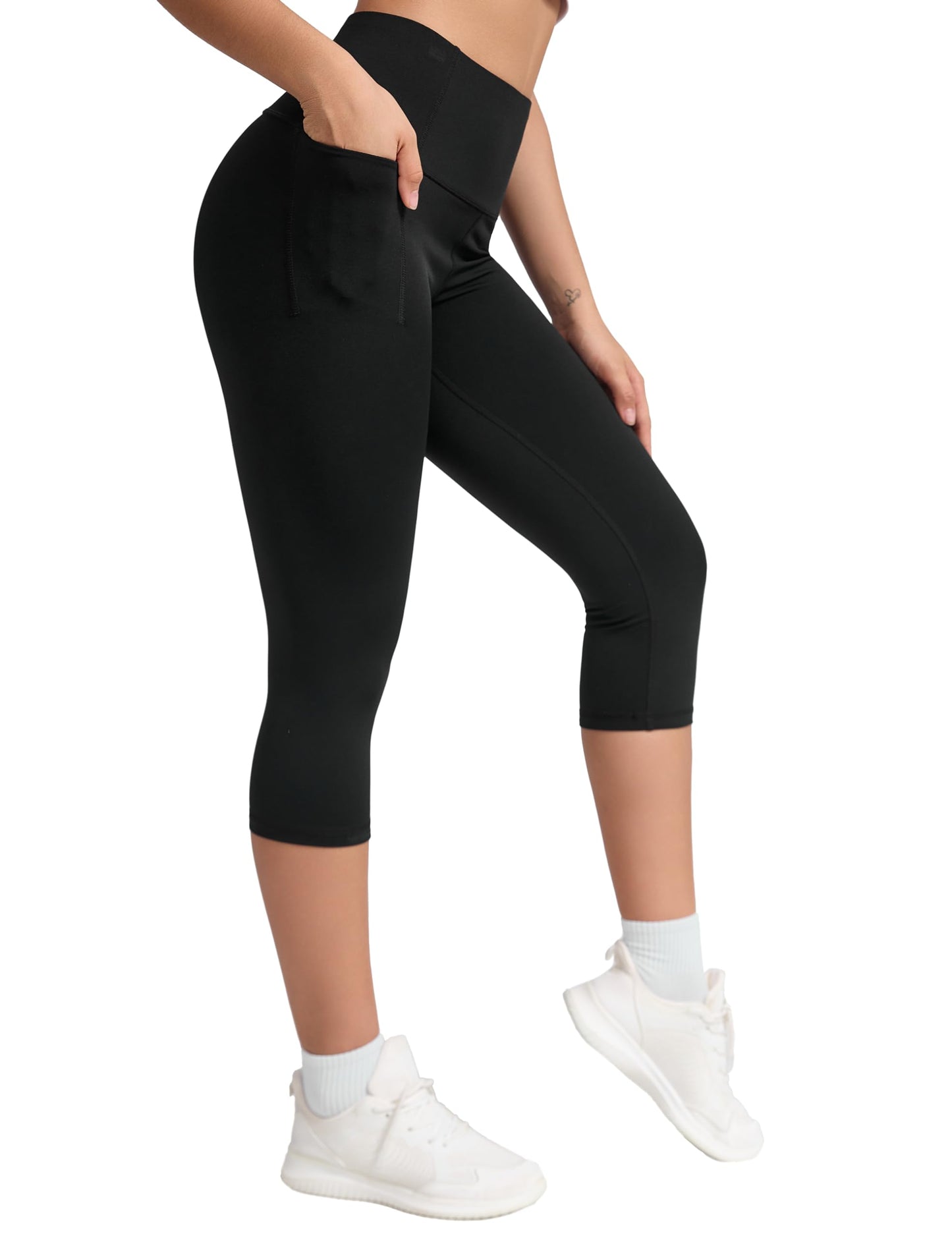 THE GYM PEOPLE Women's High Waist Workout Legging Soft Tummy Control Squat Proof Yoga Running Pants Capris Black