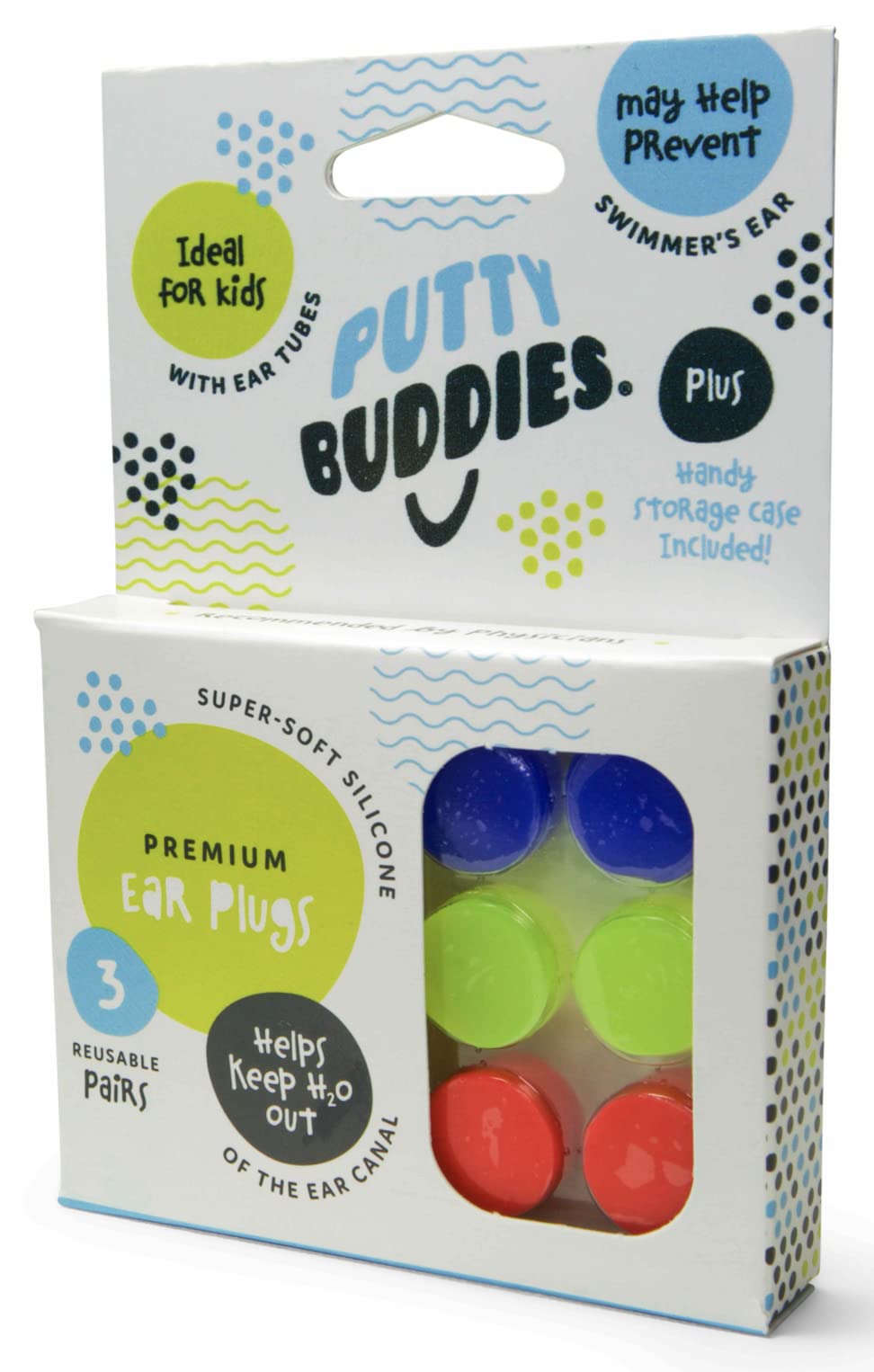 PUTTY BUDDIES Original Swimming Earplugs, 3-Pair Pack (Red/Blue/Yellow)