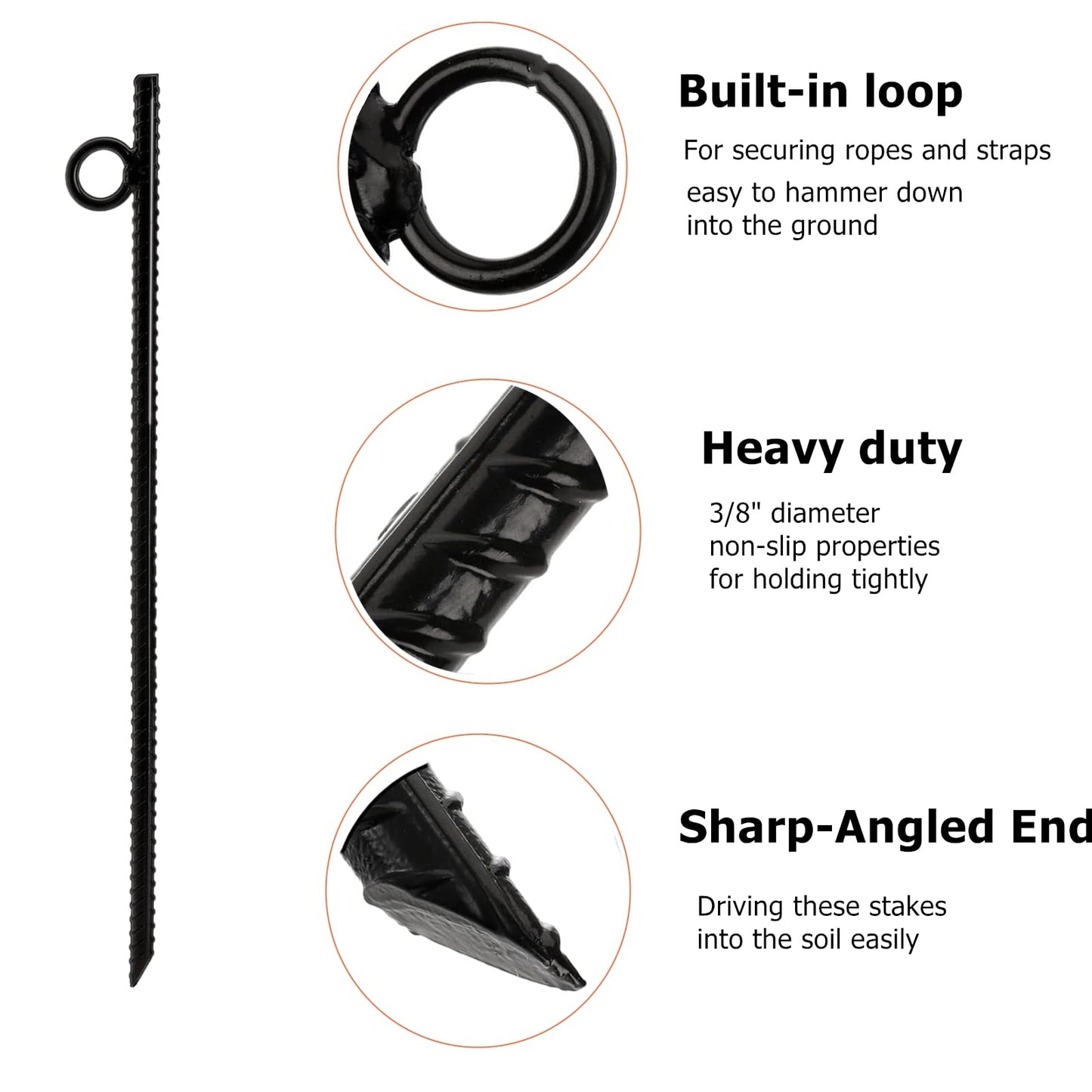 NROZIET 12 Pack 16 Inch Ground Stakes Heavy Duty, Black Steel Ground Anchors with Loop, Reusable Tent Rebar Tent Stakes for Sheds Outdoor Camping Walkway Fence