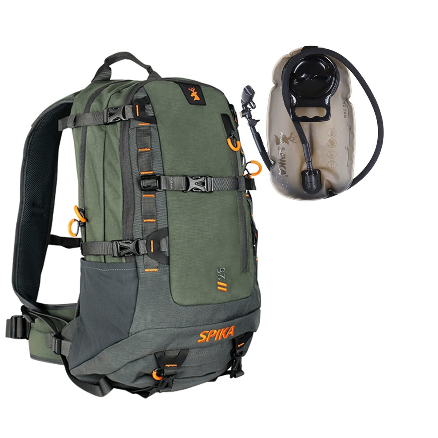 SPIKA Hunting Backpacks for Men, 25L Green Hunting Day Pack with Water Bladder, Removable Waist Belt, Rifle Holder, Internal Ammo Storage and Rain Cover