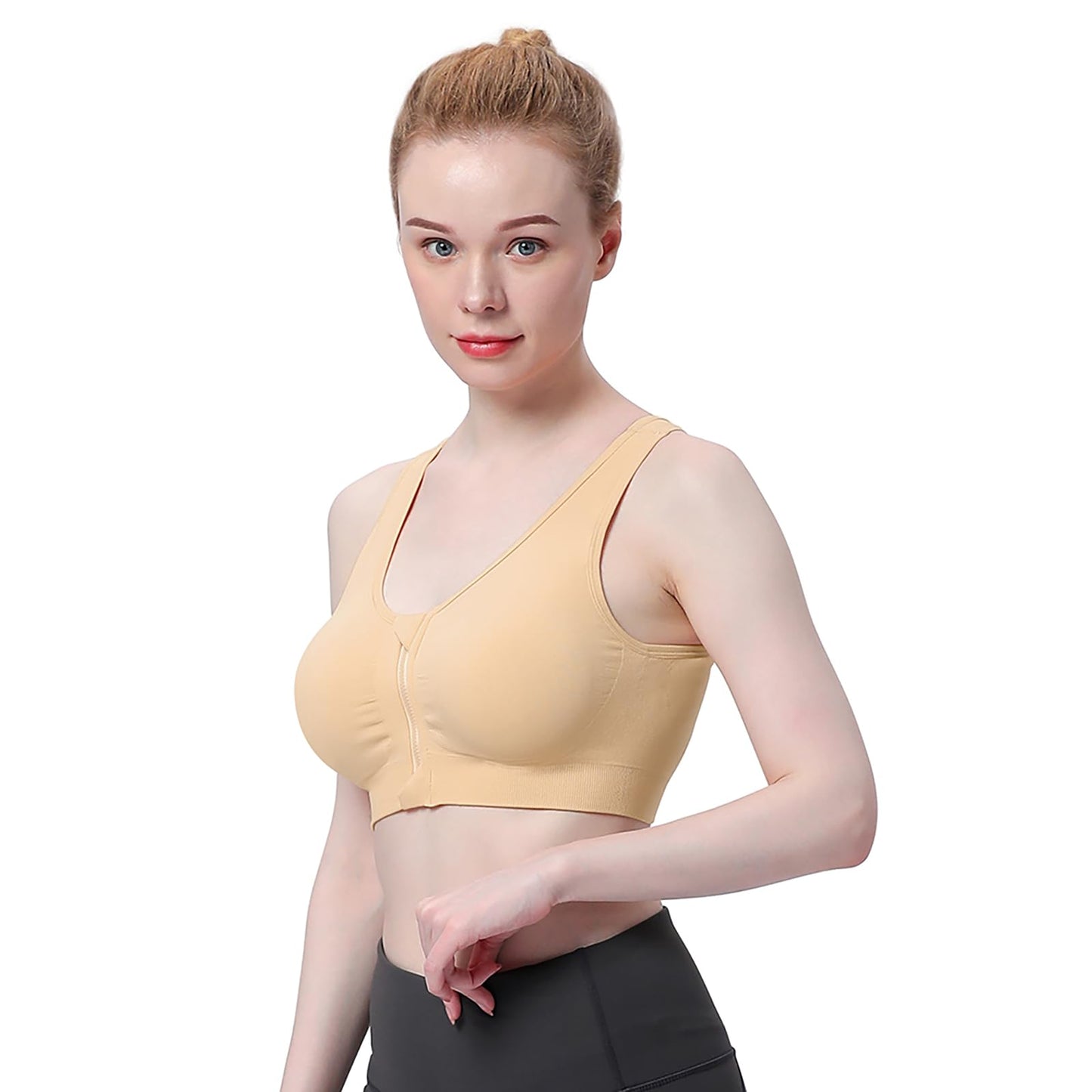 Women's Zip Front Sports Bra Wireless Post-Surgery Bra Active Yoga Sports Bras (XL:Fit 36D,36DD,38C,38D,40B,40C, 3 Pack(Black+Grey+Flesh))