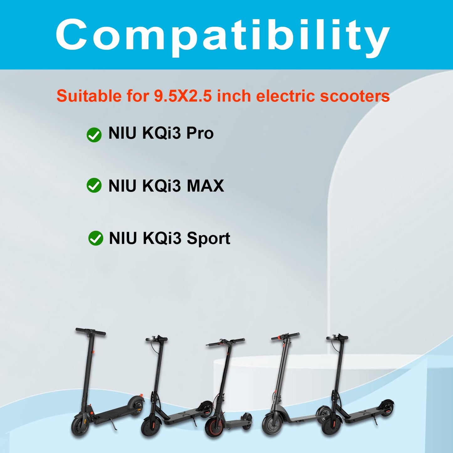 TOCBEUU 9.5x2.5-6.1 Solid Tires for Electric Scooter, Off-Road Replacement Wheels, Tubeless Rubber Tyre for NIU KQi3 Pro/Max/Sport Electric Scooter- Black(2PCS)