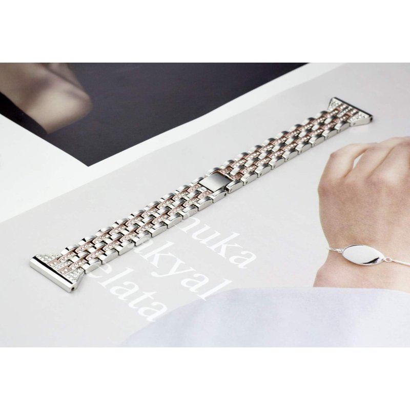 Mtozon Bands Compatible with Fitbit Versa 2/Versa Lite/Versa, Women Replacement Metal Rhinestone Bling Bracelet Wristband, Silver with Rose Gold