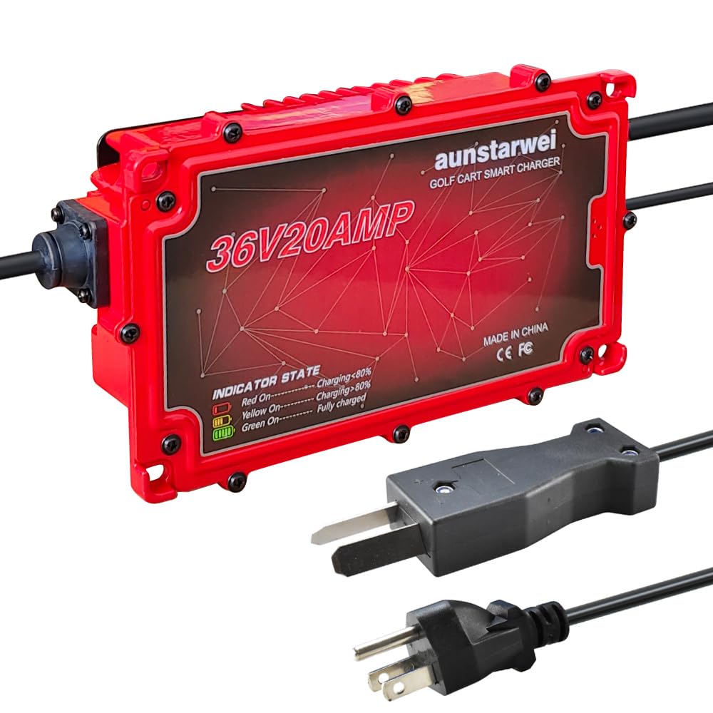aunstarwei 36V 20A Golf Cart Battery Charger with Crowsfoot Style Connector Crowfoot Plug, IP67 Waterproof