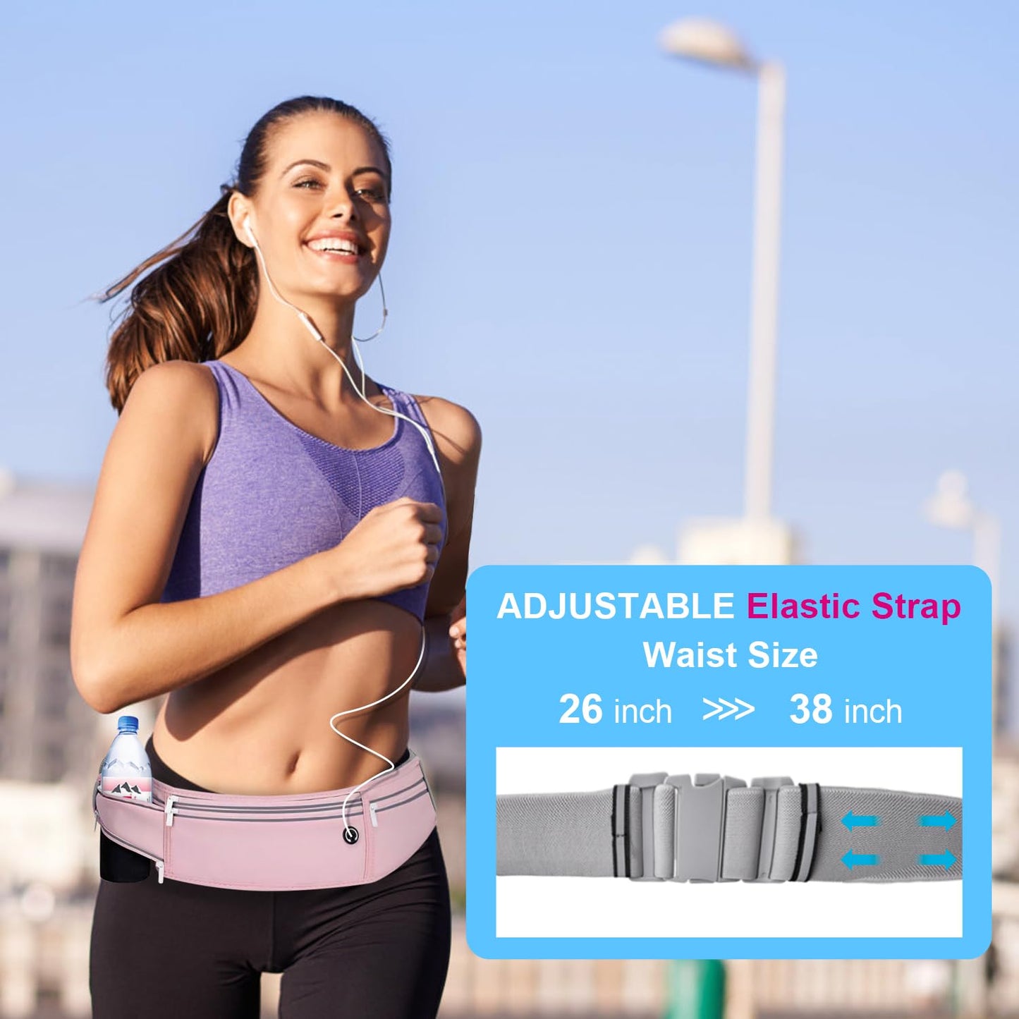 JUCURRI Slim Running Belt for Women Men,Runners Fanny Pack Phone Holder,Money Belt,Running Gear Accessories,with 3 Pockets (Jet Pink)