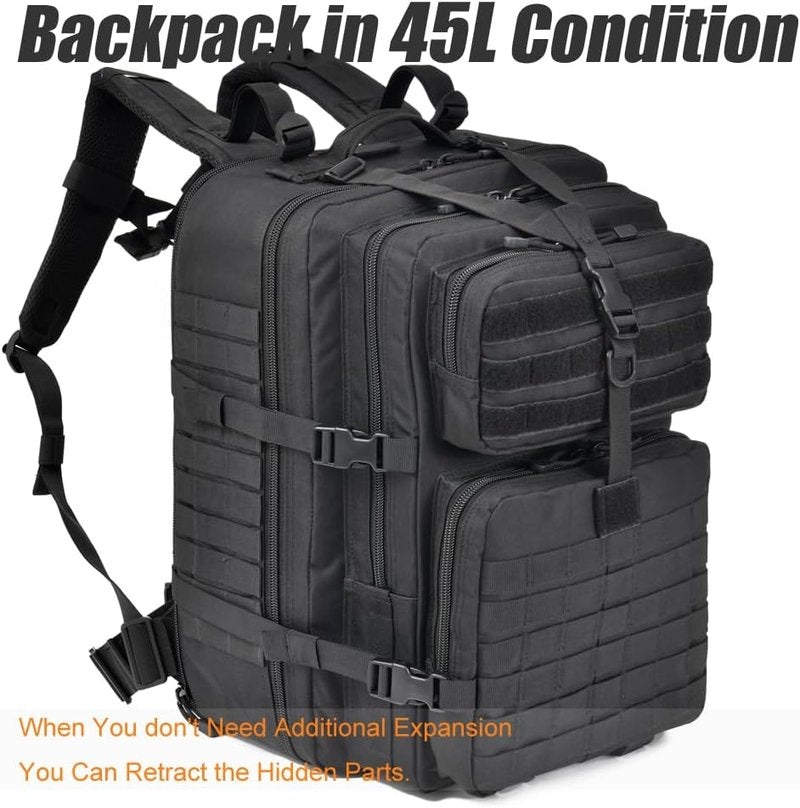 Tactical Backpack - 64L Military Molle Bag for Hiking | Black Durable Design