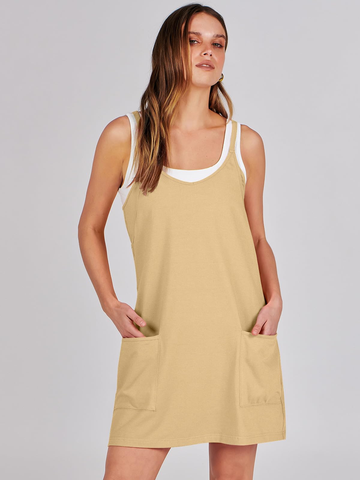 ANRABESS Women Athletic Dress Summer Tennis Workout Active Sports Mini Romper Dress Built in Shorts Travel Vacation Clothes Light Yellow X-Smal