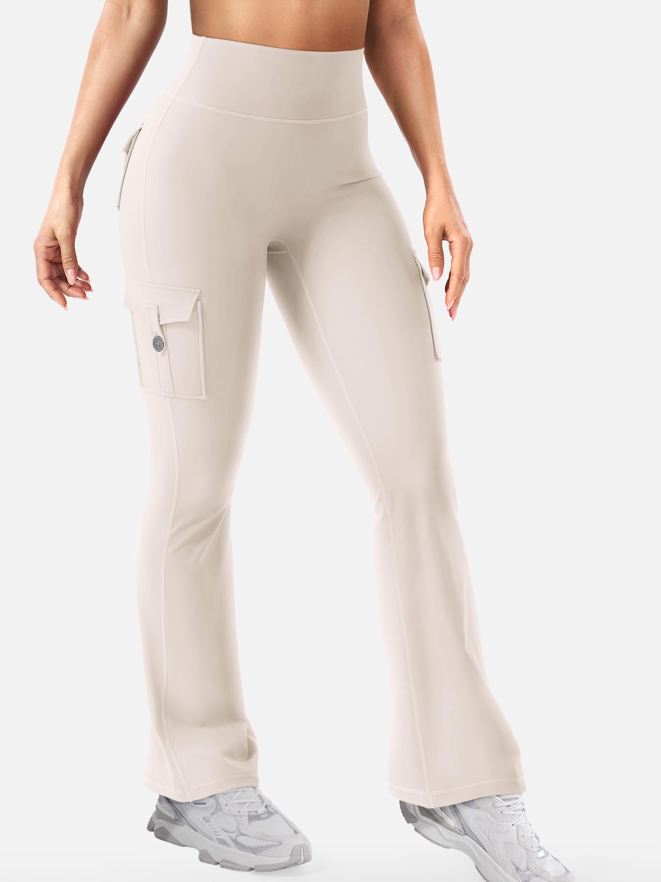 YEOREO CoreFlex Women Workout Flare Leggings with Pockets Scrunch Cargo Gym Yoga Leggings Light Khaki M