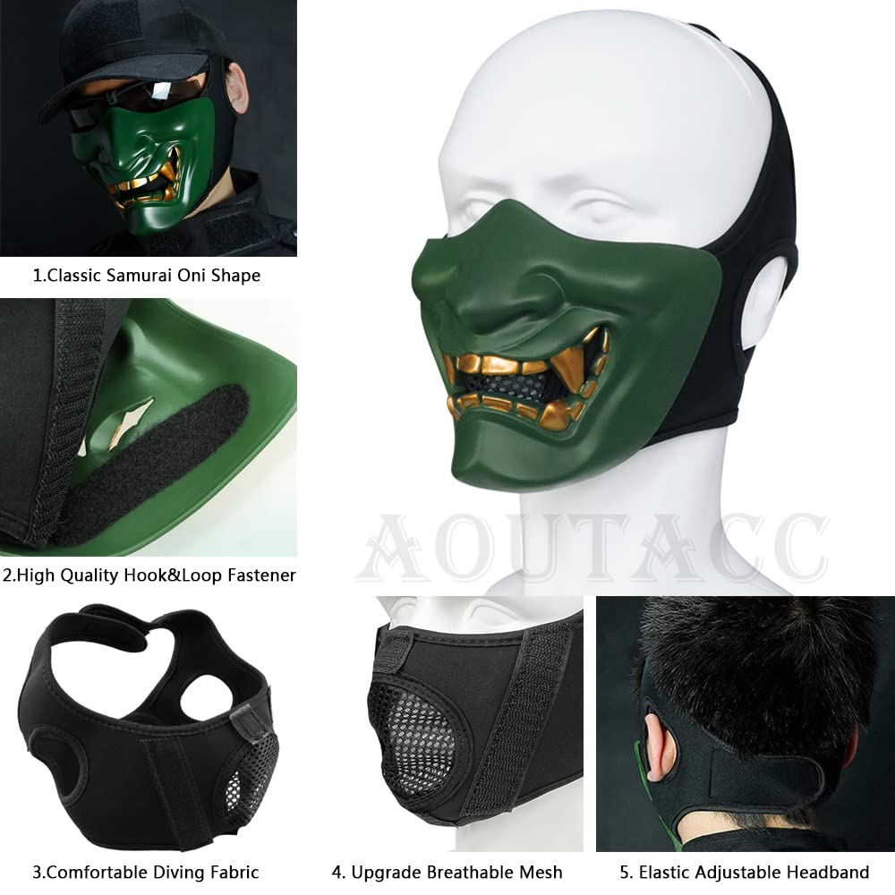 AOUTACC Airsoft Half Face Masks, Evil Demon Monster Kabuki Samurai Hannya Oni Half Face Protective Masks for Masquerade Ball, Party, Halloween, Cs War Game, BB Gun(Green)