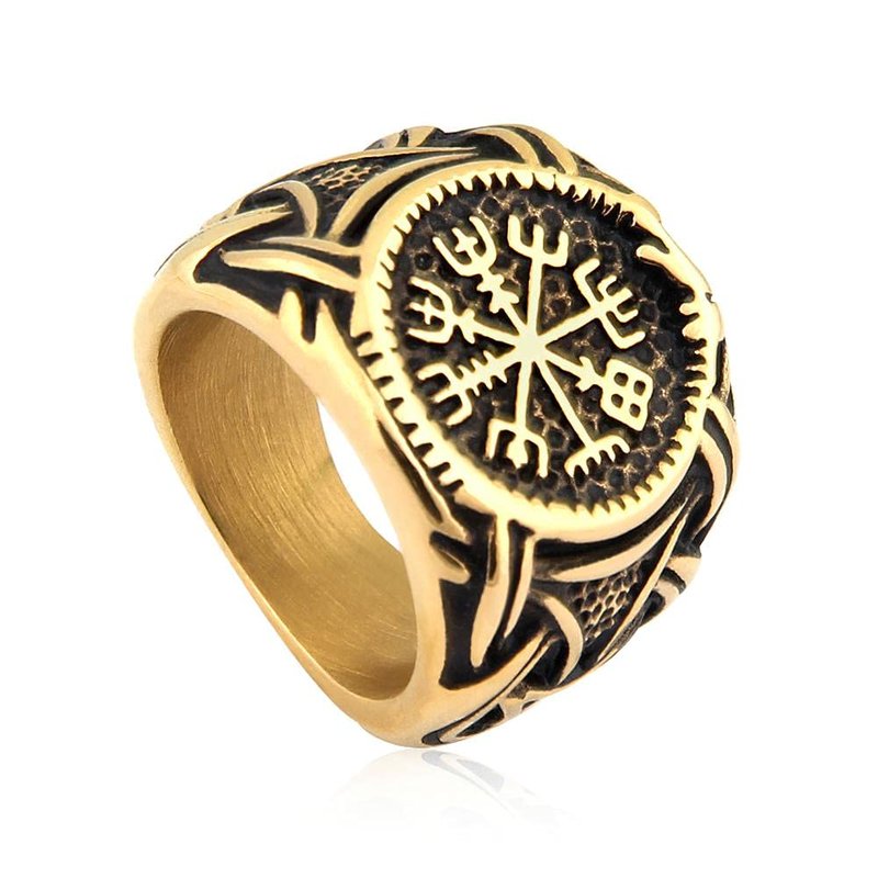BaviPower Viking Vegvisir Norse Compass Ring Stainless Steel Goldtone Accessory Guardian Protection Amulet