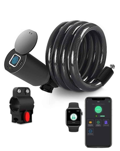 Cable Lock Keyless Waterproof Bicycle Lock eLinkSmart: 150cm Long Steel Cable Lock for Bike Scooter Motorcycle Door Fence Gate - Fingerprint Unlock Phone App Remote Authorized Support iOS Watch