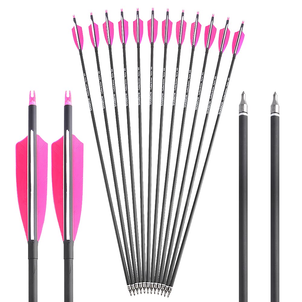 ZSHJGJR 30 Inch Archery Carbon Arrows Hunting Arrows with 4” Turkey Feather Target Practice Arrows Spine 500 for Compound & Recurve &Traditional Bow 6/12pcs (12 x Pink Arrows)