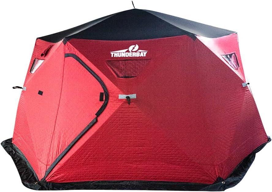 THUNDERBAY Ice Cube Series Hex-Hub 8 Man Portable Thermal Ice Shelter, 112 Square Feet of Fishable Area, Portable 8 Person Wide Bottom Insulated Ice Shelter with 4 Ice Fishing Chairs