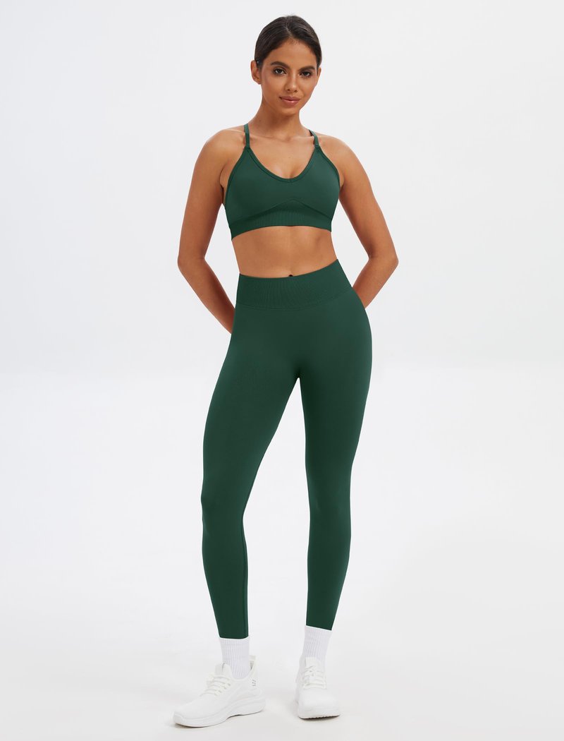 JUVOME Workout Sets for Women 2 Piece V Neck Sports Bras Matching High Waist Tummy Control Scrunch Butt Lifting Leggings Womens Two Piece Gym Athletic Active Wear Yoga Pilates Outfits Deep Forest S