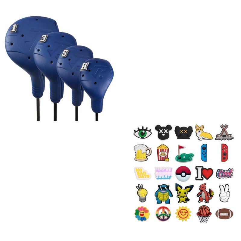 FRANKTECH Golf Club Covers 4pcs and 25pcs Funny Pins, Plastic Golf Head Covers for Driver Fairway Woods Hybrid, Driver Headcover Fit All Right-Handed Golf Clubs, Easy On Off, Washable, Funny
