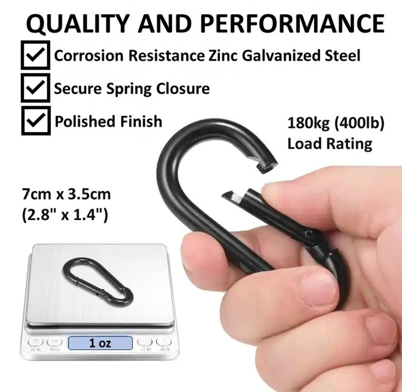 Branded Boards Black & Silver Zinc-Galvanized Heavy Duty Bushcraft Carabiner Spring Snap Clip Link Hooks 200-500lb Load 2, 6 & 12 Packs (Black-7cm-12 Pack)