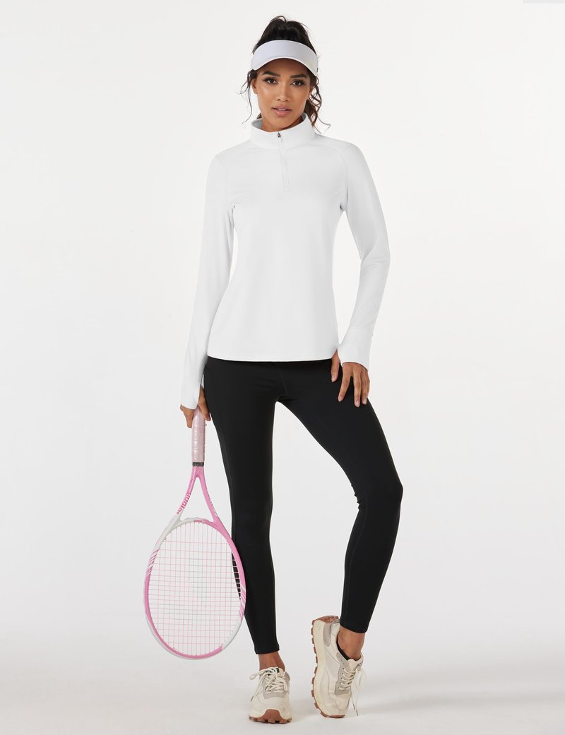 Cavva Women's Running Shirt Fleece Quarter Zip Pullover Long Sleeve Thermal Shirt with Thumb Holes Athletic Top White,S