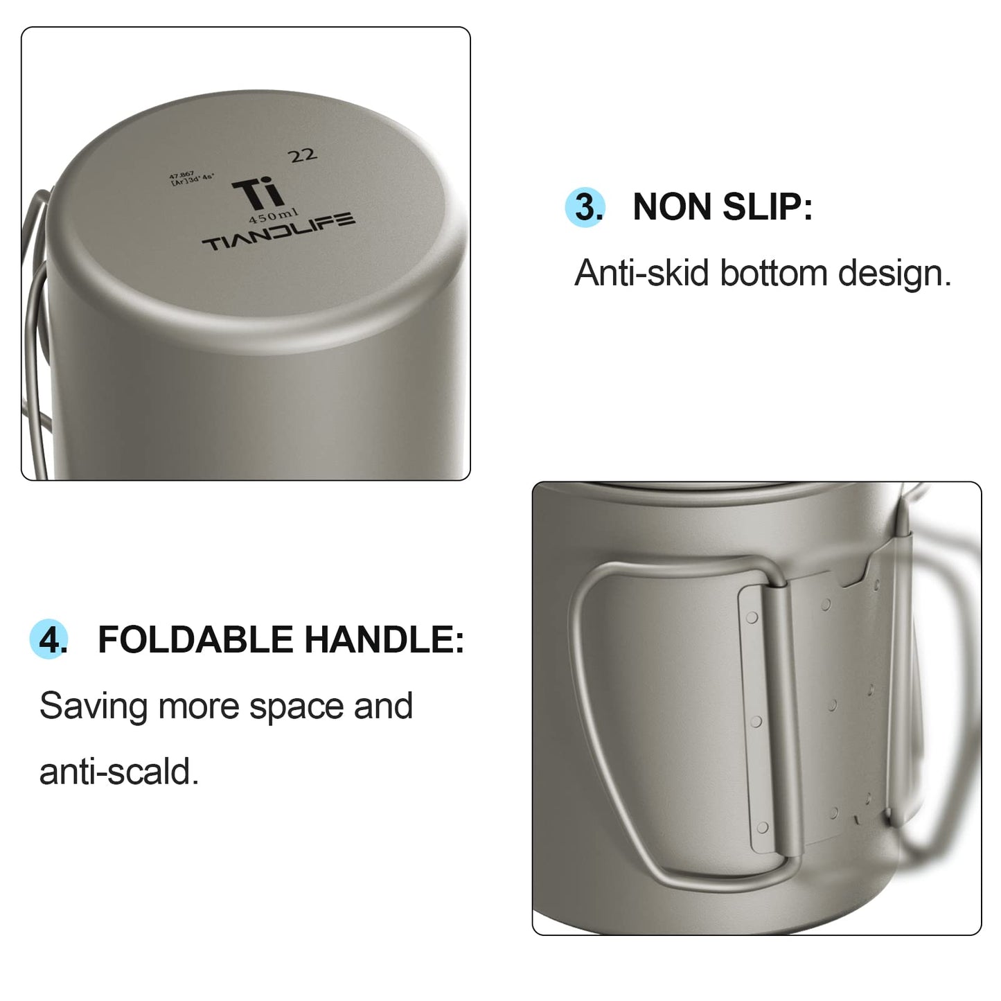 TIANDLIFE Titanium Mug,450ml/15 oz Outdoor Titanium Camping Mug with Lid,Camping Coffee Cup with Foldable Handle,Camping Titanium Pot for Hiking Travelling Backpacking Camping Open Fire