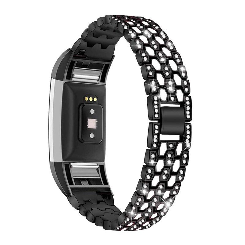 GIMart Bling Strap Compatible For Fitbit Charge 2 Strap, Women Men Stainless Steel Rhinestone Replacement Charge 2 Band Wrist Strap Metal Bracelet Wristband for Fitbit Charge 2 HR Fitness Tracker (Black)