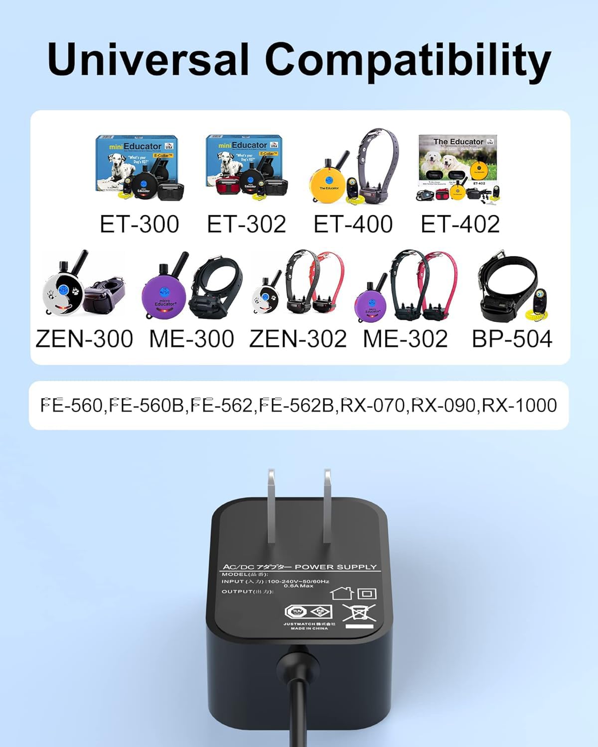 FGIEU Training Collars Charger Compatible with Mini Educator Series 300, 400, RX, FOB and BP-504 Barkless Training Collars.