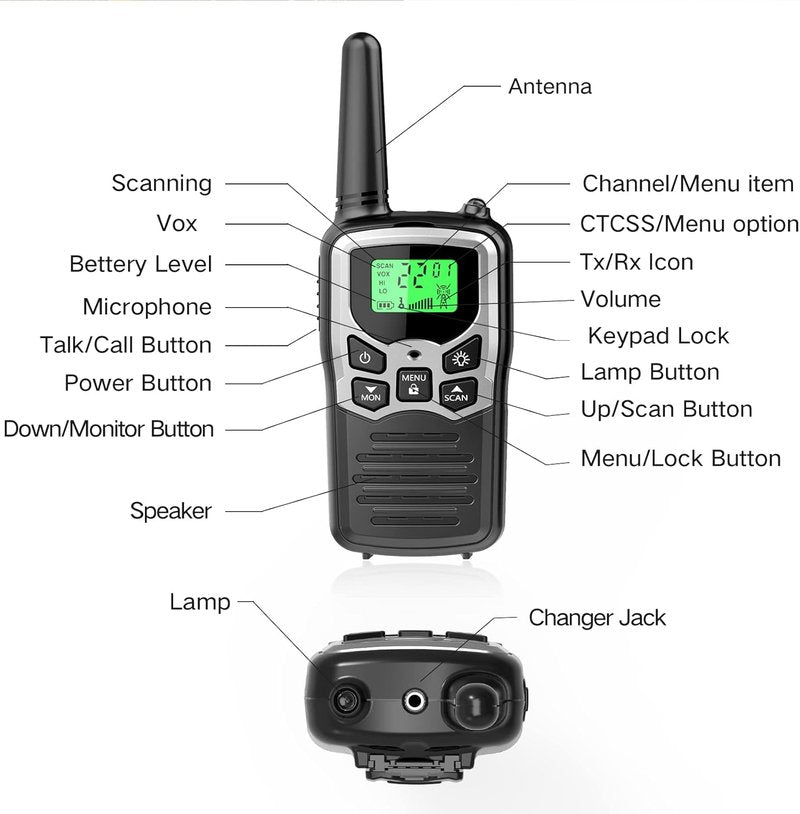 MOICO Long Range Walkie Talkies - Two-Way Radios with 22 Channels, LCD Display & LED Flashlight | Perfect for Camping & Hiking (2 Pack, Silver)