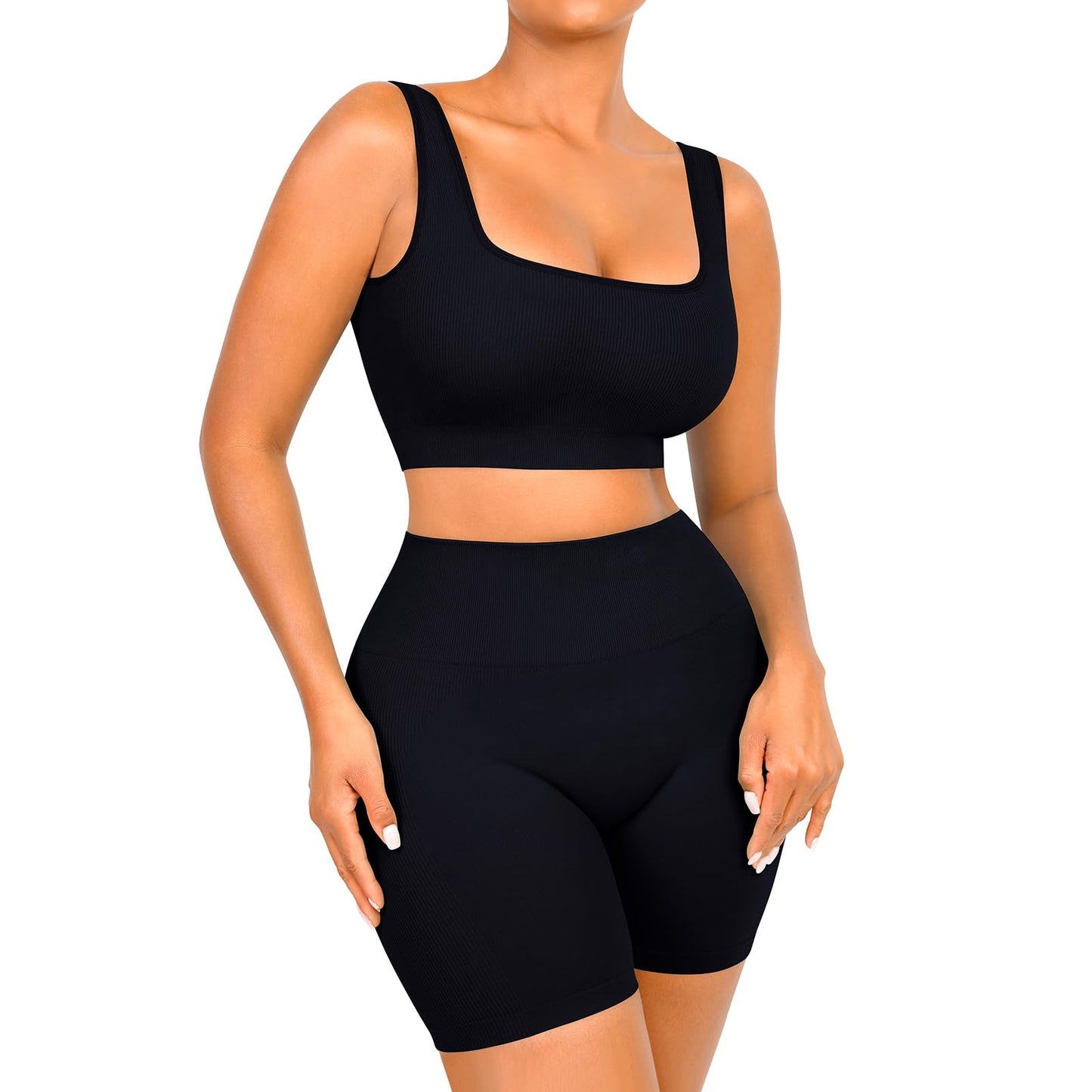 FeelinGirl Workout Sets for Women 2 Piece Yoga Outfits Crop Top High Waist Tummy Control Butt Lift Gym (Black, Medium)