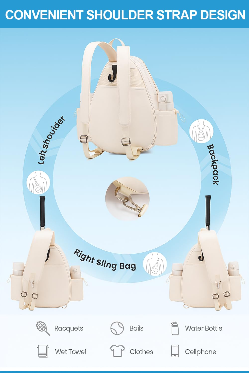 Parachase Tennis Bag for Women and Men, Quilted Tennis Backpack, Water Resistant Sling Crossbody Backpack, Suitable for Pickleball Tennis Badminton, Beige, M