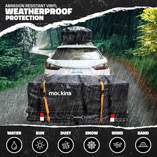 Mockins 60x20x6 Folding Cargo Carrier Hitch Mount Steel Rack 500lb Cap & 16 Cu Ft Soft Shell Waterproof Cargo Bag | Tow Hitch Cargo Basket, Hitch Tightener & Accessories |2" Receiver Cargo Trailer