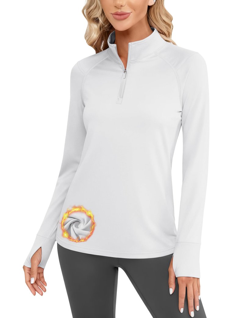 Cavva Women's Running Shirt Fleece Quarter Zip Pullover Long Sleeve Thermal Shirt with Thumb Holes Athletic Top White,S