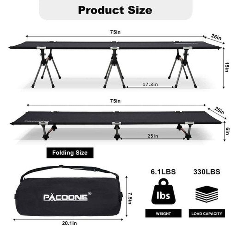 PACOONE 2-in-1 Ultralight Folding Camping Cot with Leg Extenders, Military Camping Cots Bed, Heavy Duty Folding Sleeping Camping Cot for Backpacking Hiking Travel Tent, Support 330 Lbs(Black)
