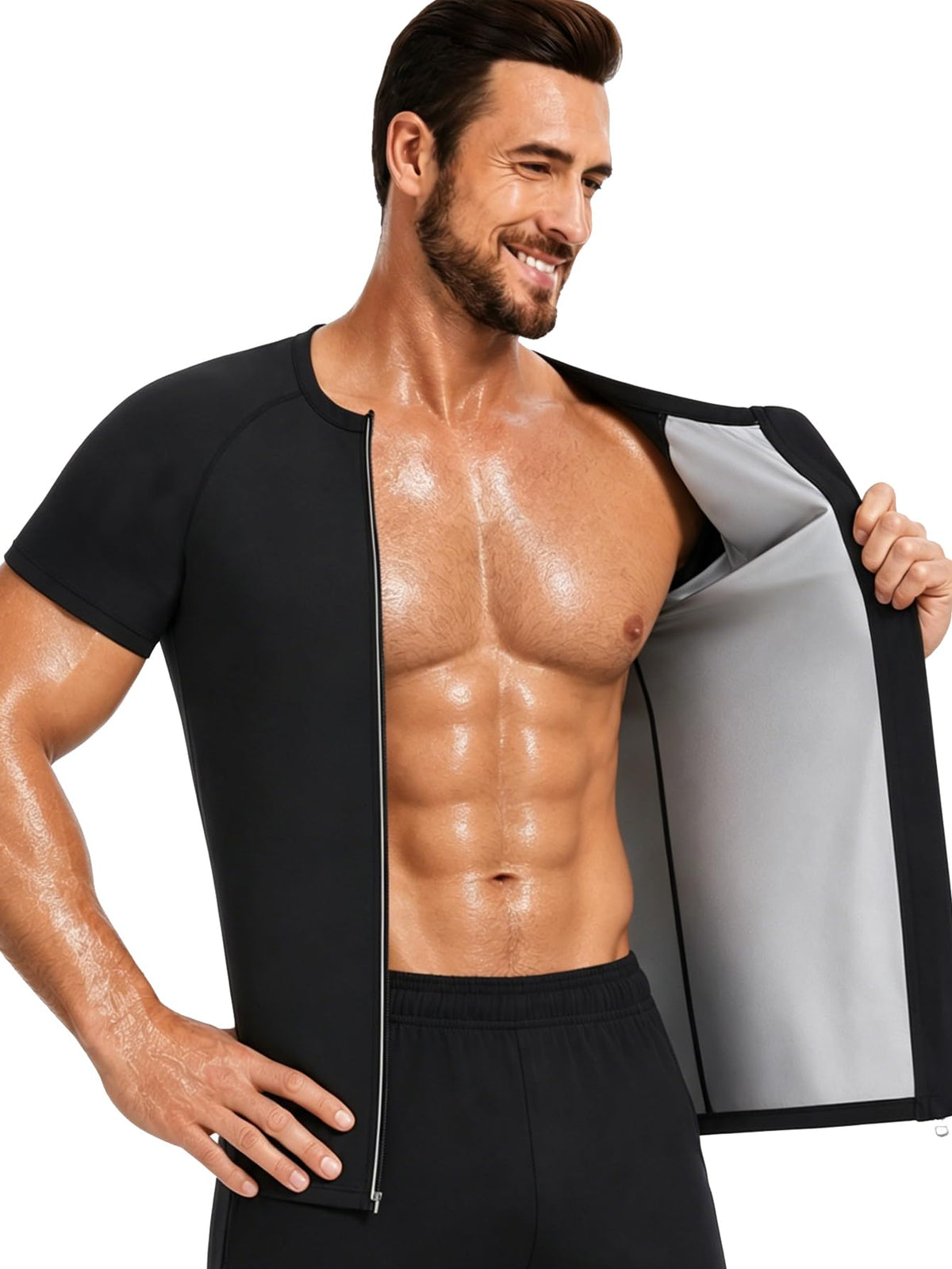 Sauna Shirt for Men Sauna Suit Short Sleeve Sweat Shirt Zipper T-Shirt