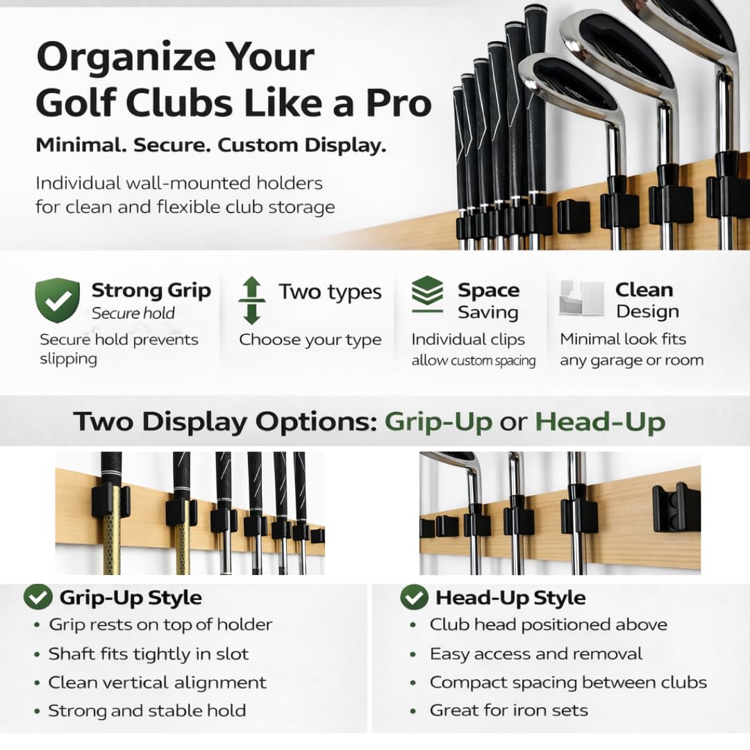[JINTECH] Golf Club Organize Holder, Wall Display, Wall Hanger, Rack, Mount [15 Holder Set] (Head up - 10mm - 15set)